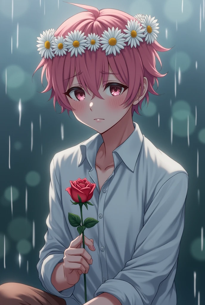 Pink haired teen boy with daisy crown hy with white shirt with rose with sad face crying on a rainy day anime drawing style