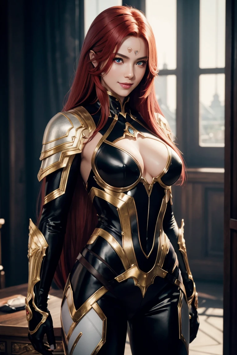 I want to be a powerful figure behind the scenes!,Iris Midgar,Red hair,long hair,Outside flip,Beautiful red eyes,Beautiful white skin,Black and golden suit,Long white pants,Photorealistic,Ultra HD,high quality,masterpiece,Digital SLR,Detailed details,Intricate details,Anatomical basis,Depicted in detail,A detailed face,Realistic skin texture,Vivid details,Perfect Anatomy,Perfect Anatomy,Anatomically correct hand,Anatomically correct fingers,Super Detail,Complex 3D rendering,The worldview of a fantasy with sexy poses,Picturesque,Pink Lips,smile,