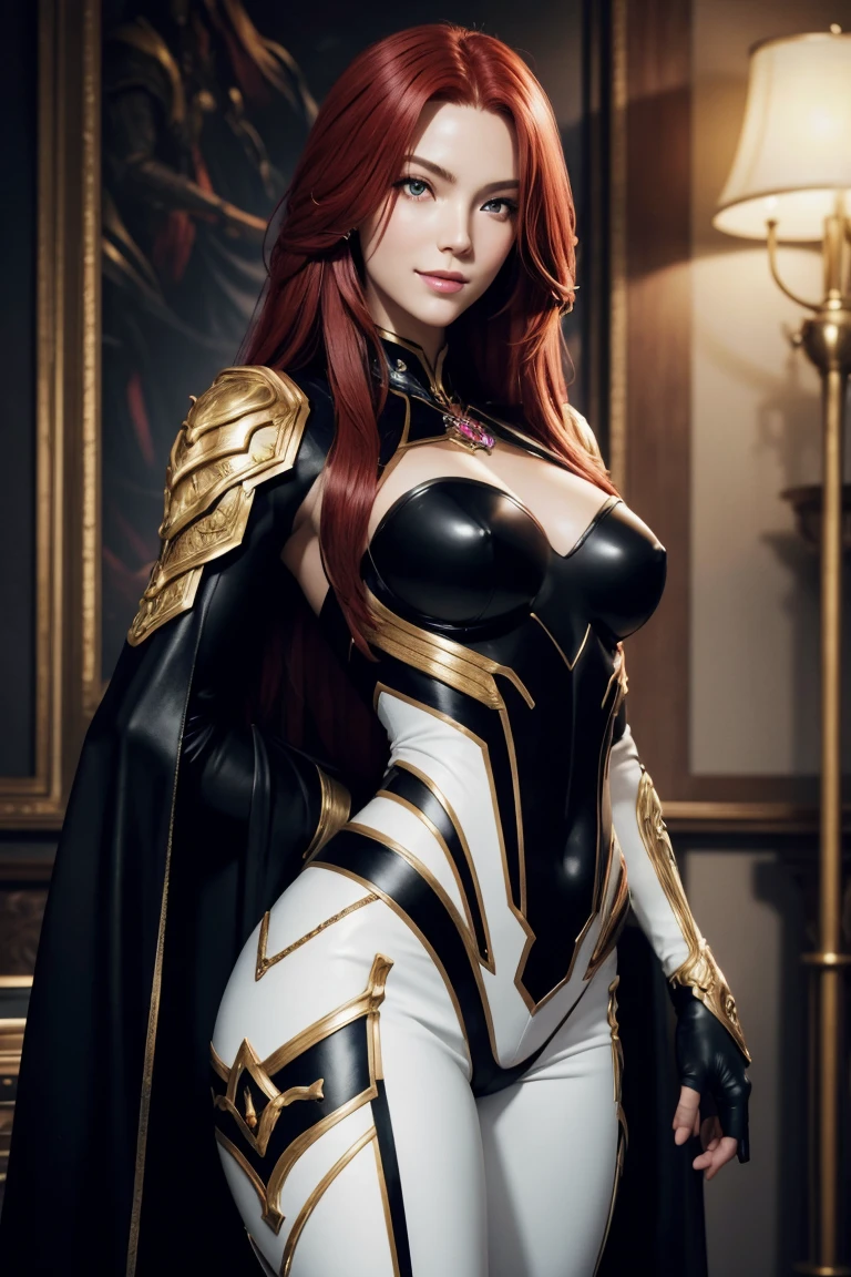 I want to be a powerful figure behind the scenes！,Iris Midgar,Red hair,long hair,Outside flip,Beautiful red eyes,Beautiful white skin,Black and golden suit,Long white pants,Photorealistic,Ultra HD,high quality,masterpiece,Digital SLR,Detailed details,Intricate details,Anatomical basis,Depicted in detail,A detailed face,Realistic skin texture,Vivid details,Perfect Anatomy,Perfect Anatomy,Anatomically correct hand,Anatomically correct fingers,Super Detail,Complex 3D rendering,The worldview of a fantasy with sexy poses,Picturesque,Pink Lips,smile,