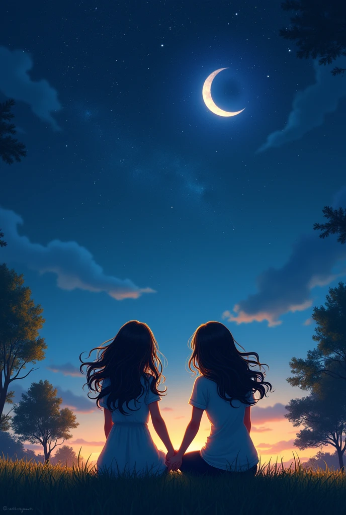 Draw two women with their backs to the viewer, looking at the night sky, holding hands., One of them with hair down to below her shoulders, very wavy, and the other with hair down to her waist, wavy. I want the drawing to be in a cute animated style and for them to be sitting.