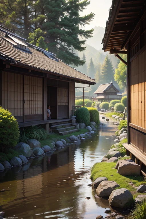 a peaceful Japanese countryside scene, a small stream flowing through, fish, birds, deer, raccoon dogs, children catching insects, detailed landscape, natural lighting, vibrant colors, realistic digital art, 8k, highly detailed, photorealistic, masterpiece, studio lighting, physically-based rendering, ultra-fine painting, sharp focus