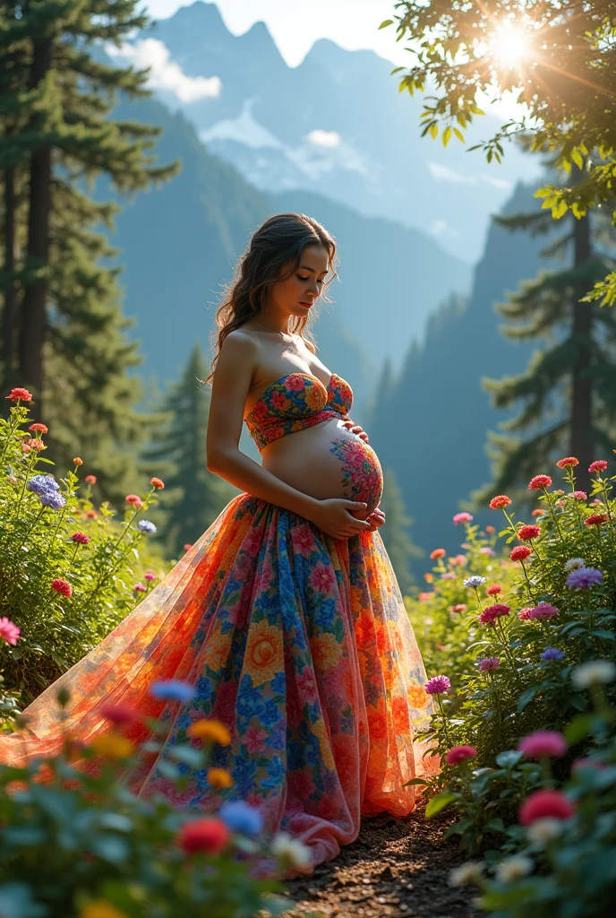 A pregnant woman with big breasts, wearing a dress made of flowers, under her feet and behind her is a forest of blooming flowers, with all kinds of flowers in many colors, each flower is blue, red, yellow, green, purple, with sunlight shining through the leaves, on the mountains in the distance are mountains with white clouds swirling around, wearing a gorgeous outfit, gorgeous dress, intricate dress, elegant fire dress, gorgeous and elegant, lavish dress, inspired by Hedi Xandt, gorgeous dress, intricate dress, gorgeous royal dress, gorgeous clothes, gorgeous dress, intricate and elegant, dress with intricate details, gorgeous, high heels, royal dress, detailed hands, Fire in the body, water on the dress, lightning element, fire element, lightning wings, full water, Transparent clothes, masterpiece, best quality: 1.2),, (8k, high resolution, RAW images, realistic, photorealistic: 1.3), (detailed skin texture, detailed cloth texture, detailed water, detailed trees, detailed textured flowers, detailed leaves, detailed colors, beautifully detailed faces: 1.25), professional lighting, photon mapping, beautiful soft lighting, brightness, physically based rendering, ray tracing, model shooting style, model shooting style, (Unity's super detailed 8k CG backgrounds), the world's most beautiful full body artwork, pregnant woman in a peach dress posing for a studio photo, flowing salmon-colored silk, pregnant belly, full body photoshoot, wearing long gown, studio portrait photography, pregnancy, full body portrait shot, studio photography portrait, full body wide shot, full length portrait, award winning studio photo, full body photograph, pregnant, full - length photo, maternal photography 4 k