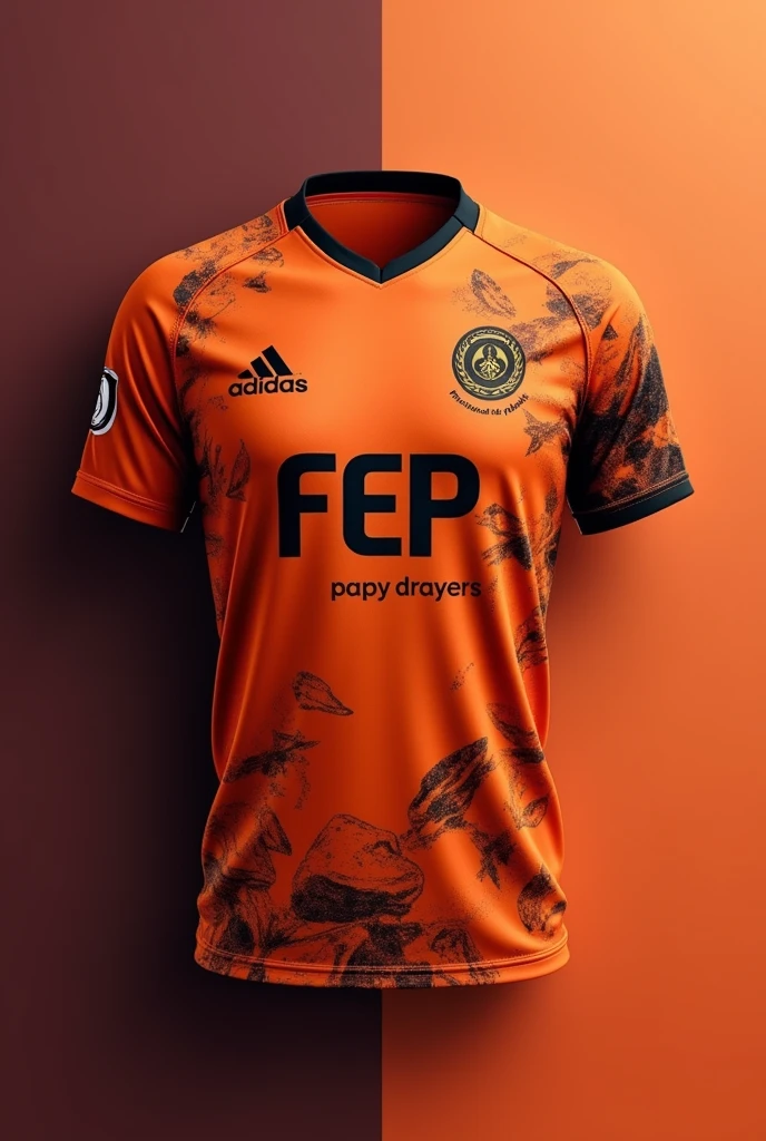 Orange jersey with abstract black details and the initials FEP (Faculty of Economics and Planning) on the chest with a logo