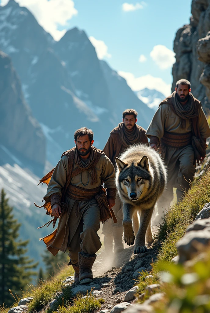 Turks escaping from a mountain with a grey wolf