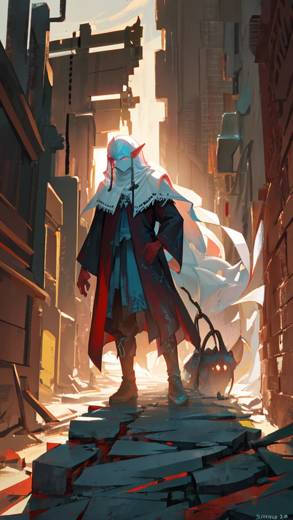 Standing under the veil of the night, the elf's usual serene demeanor had vanished, replaced by an expression of seething anger. His eyes, glowing eerily in the darkness, bore into the ruins before him with a fury that seemed almost palpable. His brows furrowed, lips pressed into a tight line, and his gaze shifted downward to the left, locking onto something unseen with a look that could send shivers down anyone's spine. The shadows from the crumbling building behind him only accentuated his menacing aura, his white cloak barely visible in the dim light, making him seem like a specter of wrath.