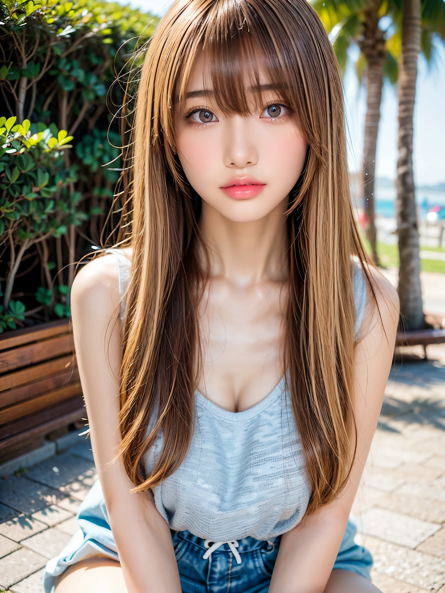 Sexy Big 、Sexy cute looks and cute beautiful girl, beautiful and sexy face、A strong wind blows my hair in front of my face、length, Metallic blonde straight hair、beautiful, Cute and sexy eyes hidden behind long bangs、Sleeveless T-shirt、Glossy thighs、whole body、Cute pose、Sit down