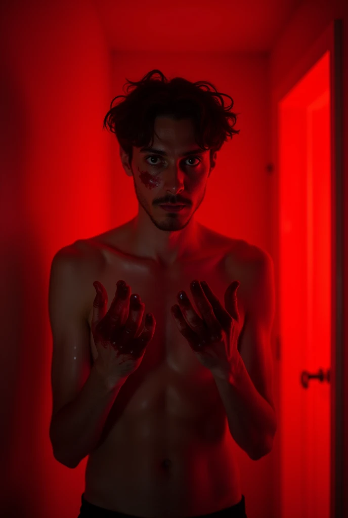 A dark-haired man with curly hair, his hands bloody, looking scared in a red place.