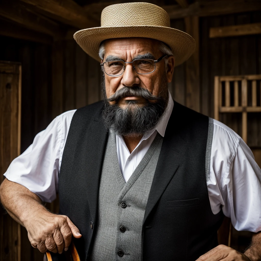 "A portrait of an imposing elderly man of Asturian descent, standing tall at 1.90 meters. He is corpulent with large hands, a thick mustache, and minimal gray hair on his head. His face is slightly elongated, adding to his distinguished appearance. He wears a vest, a hat, and glasses, which enhance his dignified look. Despite his commanding presence, he has a playful expression on his face, suggesting a mischievous and kind-hearted nature. The setting is warm and rustic, with soft light highlighting the strength and wisdom in his eyes, capturing both his powerful aura and his lighthearted spirit. he play a black acoustic guitar"