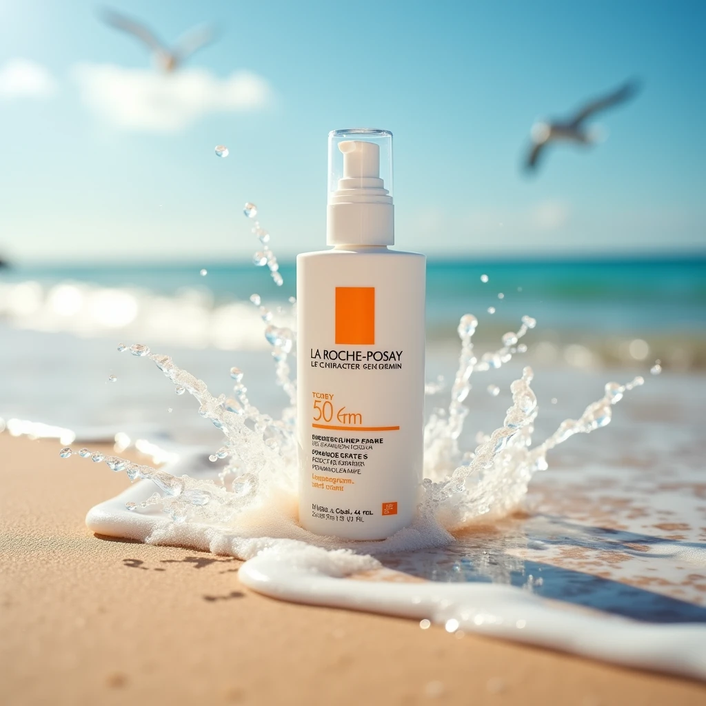 La Roche-Posay sunscreen in a cream base with a splash of water
In the background, ambient sounds