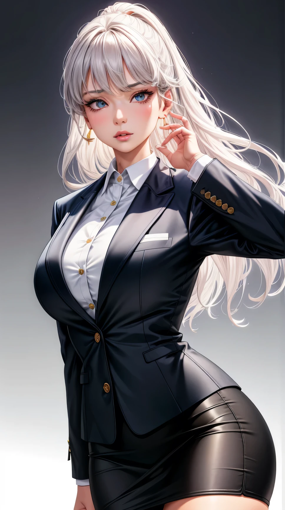 (best quality:1.5, highres, UHD, 4K, detailed lighting, shaders), gray floral haired, gradient hair, large breasts, suit, gray shirt, social shirt, short skirt, mature woman , (pov), white background, colorful eyeshadow, dramatic lighting, sparkling eyes, sensual expression, golden earrings, flowing hair, delicate facial features, dark skin, high cheekbones, urban setting, white background, dont look for the camera, behind the camera