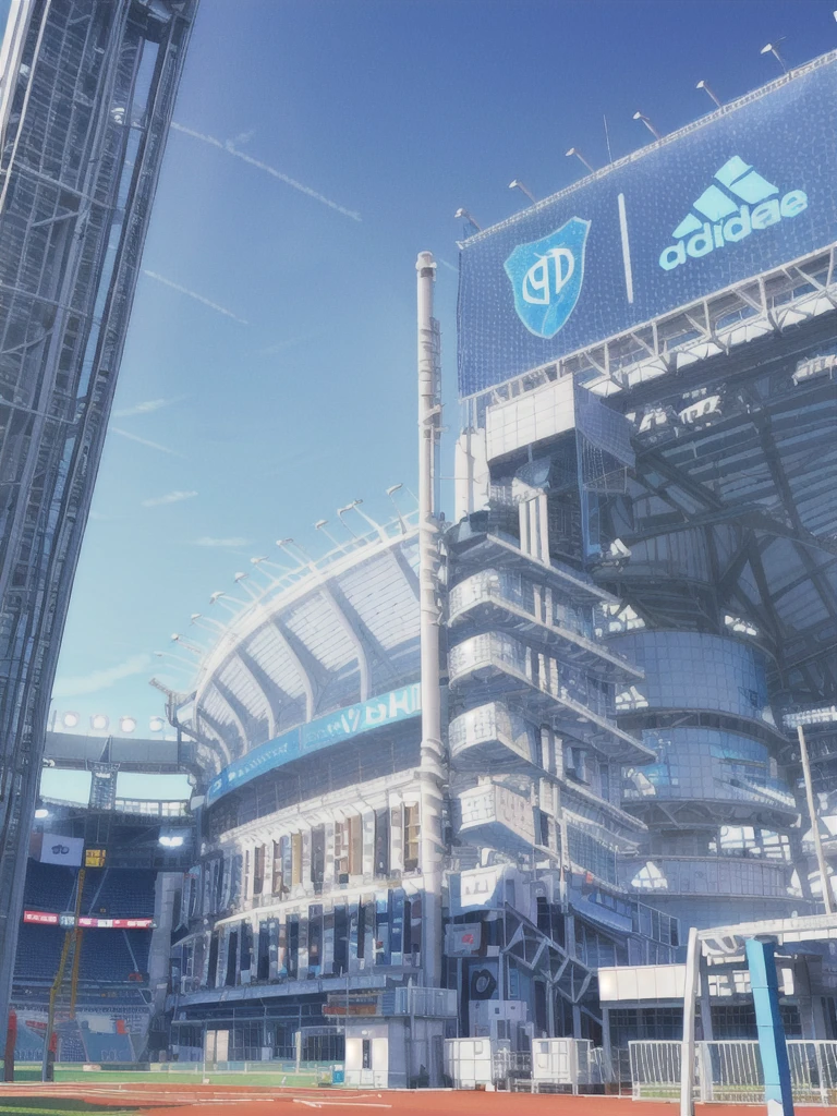 view of a stadium with a sign and a building, white. sport, clip stadio, stadium, ground view,