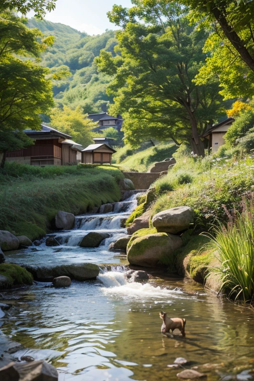 a peaceful Japanese countryside scene, a small stream flowing through, fish, birds, deer, raccoon dogs, children catching insects, detailed landscape, natural lighting, vibrant colors, realistic digital art, 8k, highly detailed, photorealistic, masterpiece, studio lighting, physically-based rendering, ultra-fine painting, sharp focus