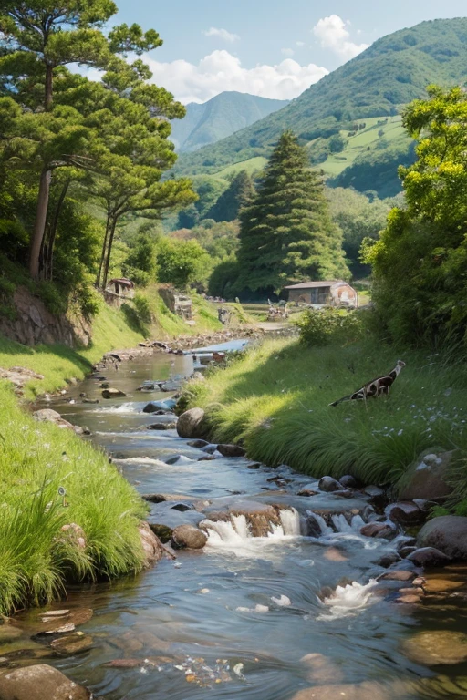 a peaceful Japanese countryside scene, a small stream flowing through, fish, birds, deer, raccoon dogs, children catching insects, detailed landscape, natural lighting, vibrant colors, realistic digital art, 8k, highly detailed, photorealistic, masterpiece, studio lighting, physically-based rendering, ultra-fine painting, sharp focus