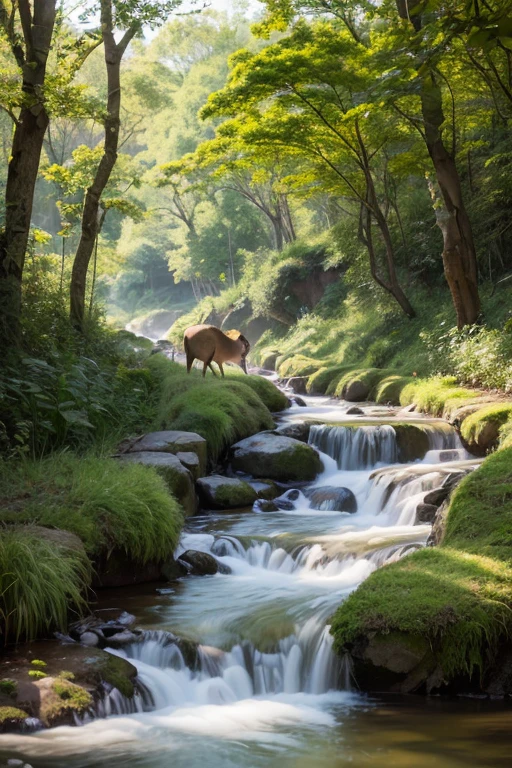 a peaceful Japanese countryside scene, a small stream flowing through, fish, birds, deer, raccoon dogs, children catching insects, detailed landscape, natural lighting, vibrant colors, realistic digital art, 8k, highly detailed, photorealistic, masterpiece, studio lighting, physically-based rendering, ultra-fine painting, sharp focus