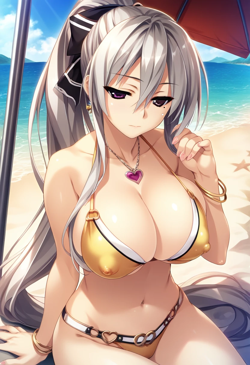 score_9, score_8_up, score_7_up, source_anime, best quality, masterpiece, hi res, game cg, very aesthetic, absurdres, rating_questionable, uncensored, shintaro_v2, 1girl, solo, purple eyes, grey hair, hair between eyes, long hair, very long hair, ponytail, mole, mole under eye, (gyaru), big_breasts, breasts, covered_nipples, nipple_bulge, outdoors, solo, tits, Half closed eyes, bow, white bow, golden bikini, bracelet, curvy, voluptuous, large breasts, cleavage, midriff, outdoors, seaside, on beach, daytime,