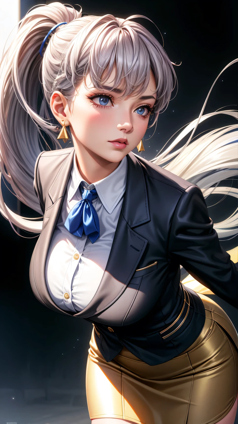 (best quality:1.5, highres, UHD, 4K, detailed lighting, shaders), gray floral haired, gradient hair, large breasts, suit, gray shirt, social shirt, short skirt, mature woman , (pov), white background, colorful eyeshadow, dramatic lighting, sparkling eyes, sensual expression, golden earrings, flowing hair, delicate facial features, dark skin, high cheekbones, urban setting, white background, dont look for the camera, behind the camera