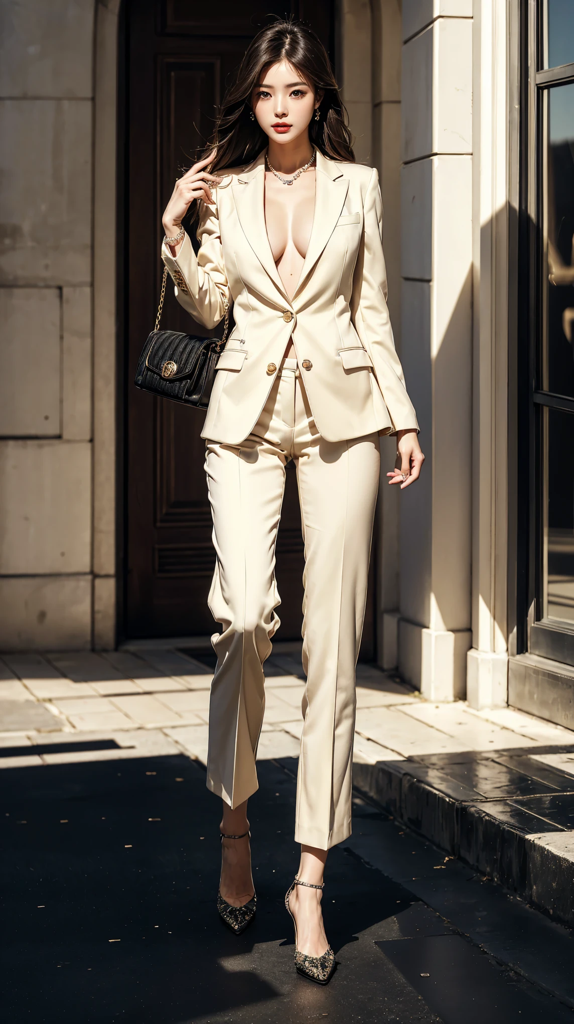 (ultra-detailed, photorealistic, best quality,4k,8k,highres,masterpiece:1.3), Korean woman, reminiscent of renowned actress Kim Hye-soo, age 50, a sophisticated and self-assured individual. Known for her timeless beauty and fashion-forward style. She has a refined sense of fashion, always appearing elegant and stylish. Her outfit includes a Top: A luxurious, tailored Chanel blazer that exudes class and sophistication. Bottom: High-waisted, form-fitting pants from Gucci that highlight her slender frame while maintaining a polished look. Shoes: A pair of classic, high-heeled pumps from Christian Louboutin adding a touch of glamour and height. Accessories: A string of pearls and a Cartier Love bracelet that add a touch of timeless elegance. Bag: A chic, black leather handbag from Prada for carrying essentials, adding a sophisticated touch to her outfit. (((intricate detail, super finely detailed hands, ultra finely detailed fingers, ten fingers, walking confidently, full body showcase, show full body))).