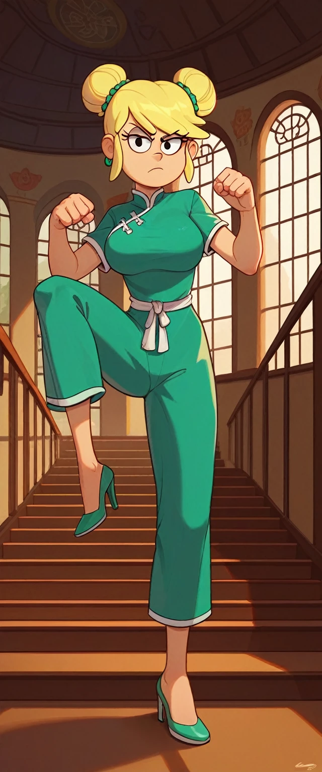 leni loud, 1girl, solo, 24yo girl, large breasts, green cheongsam,  inside of a chinese temple, looking at viewer, blonde hair, two hair buns , hands  score_9, score_8_up, score_7_up, high heels, teep fighting stance,martial arts, stairs behind her, guarding the stairs