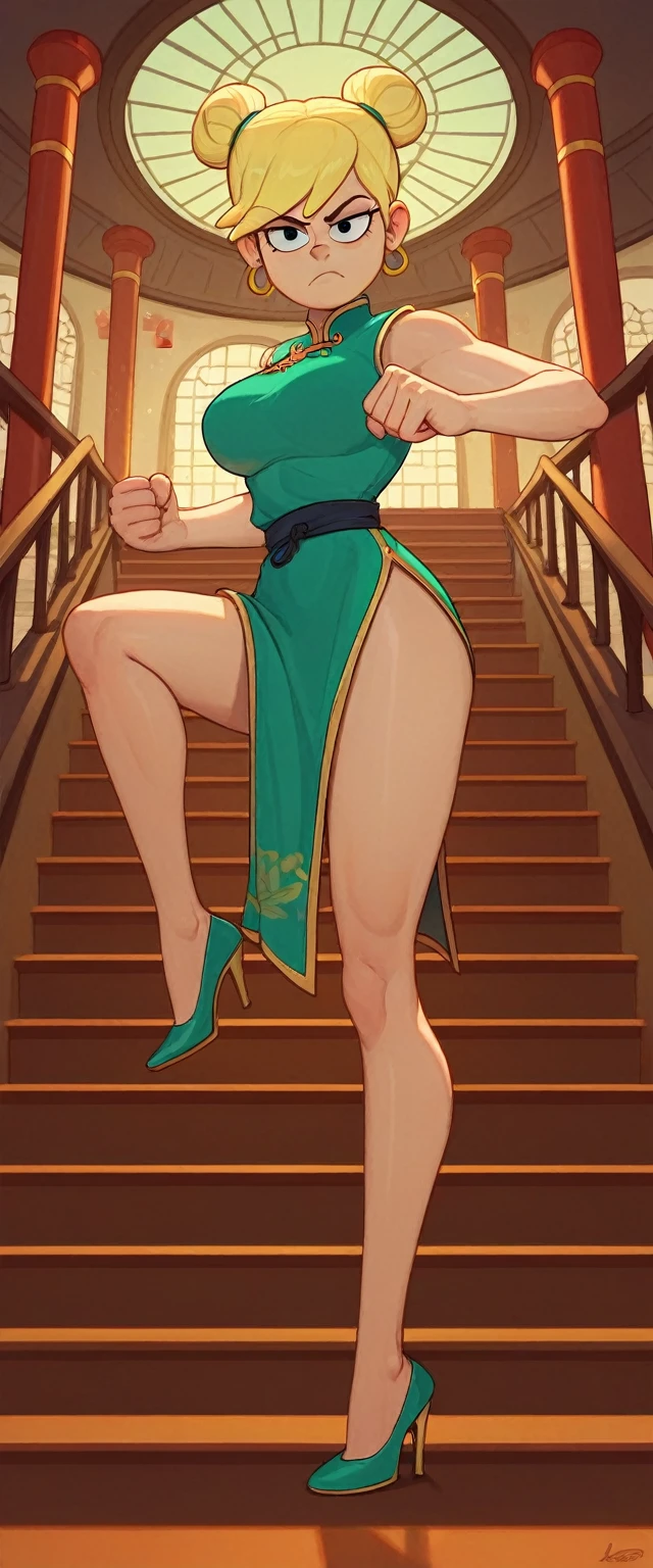 leni loud, 1girl, solo, 24yo girl, large breasts, green cheongsam,  inside of a chinese temple, looking at viewer, blonde hair, two hair buns , hands  score_9, score_8_up, score_7_up, high heels, teep fighting stance,martial arts, stairs behind her, guarding the stairs