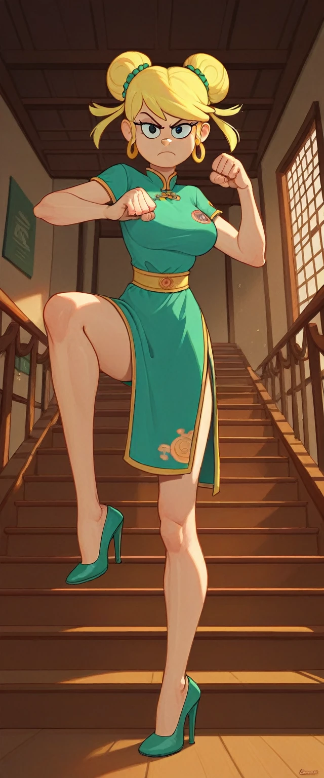 leni loud, 1girl, solo, 24yo girl, large breasts, green cheongsam,  inside of a chinese temple, looking at viewer, blonde hair, two hair buns , hands  score_9, score_8_up, score_7_up, high heels, teep fighting stance,martial arts, stairs behind her, guarding the stairs