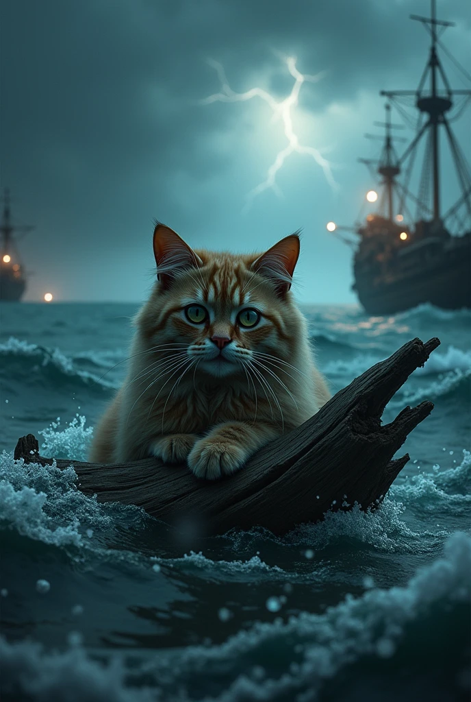 A very sad cat in the sea asking for help from a shipwrecked savior