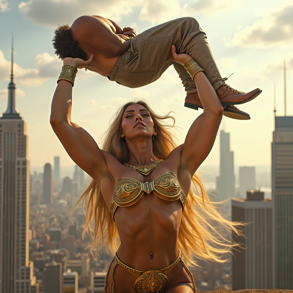She-ra lifting a large man high above her head with her strong arms. Photorealistic. Wide angle. City skyline in the background.