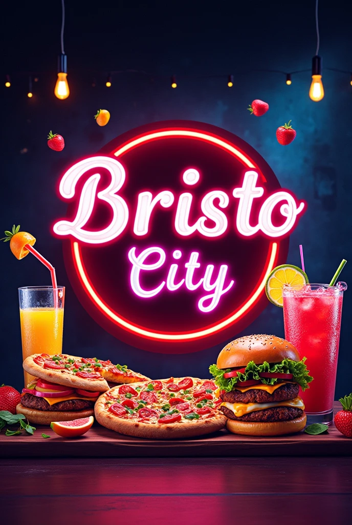 Pictures of an advertising banner for a pizza, burger and juice restaurant. The restaurant’s name is “bristo City.” High quality 3D neon lighting. Beautiful logo.