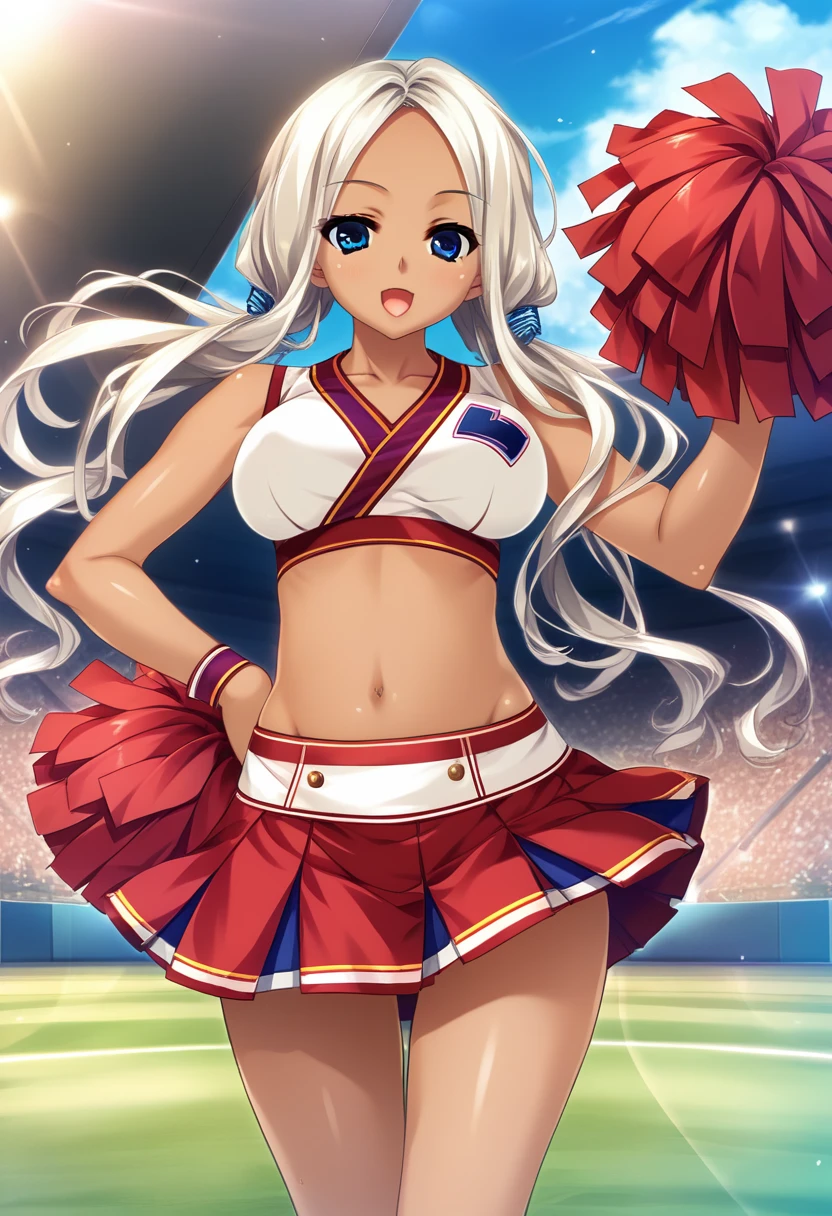 score_9, score_8_up, score_7_up, source_anime, best quality, masterpiece, hi res, game cg, very aesthetic, absurdres, rating_questionable, uncensored, shintaro_v2, 1girl, white hair, curly hair, parted bangs, dark skinned girl, very dark skin girl, long hair, low twintails, bare forehead, blue eyes, puffy lips, breasts, thighs, young girl, red cheerleader outfit, midriff, skirt, sports field, blue sky, smile, open mouth, shiny skin, (cowboy shot), body upclose, standing