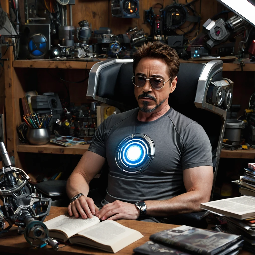 Robert Downey Jr., dressed in Tony Stark's grey half-sleeves t-shirt with arc reactor, sits comfortably in a chair amidst his cluttered workshop. The room is filled with various gadgets, tools, and computers, reminiscent of the setup seen in the Iron Man 1 movie. He holds a book in his hands, intently reading its contents, his facial expression a mix of curiosity and focus. The dim lighting in the room highlights his concentrated gaze, making the scene feel cozy and introspective.