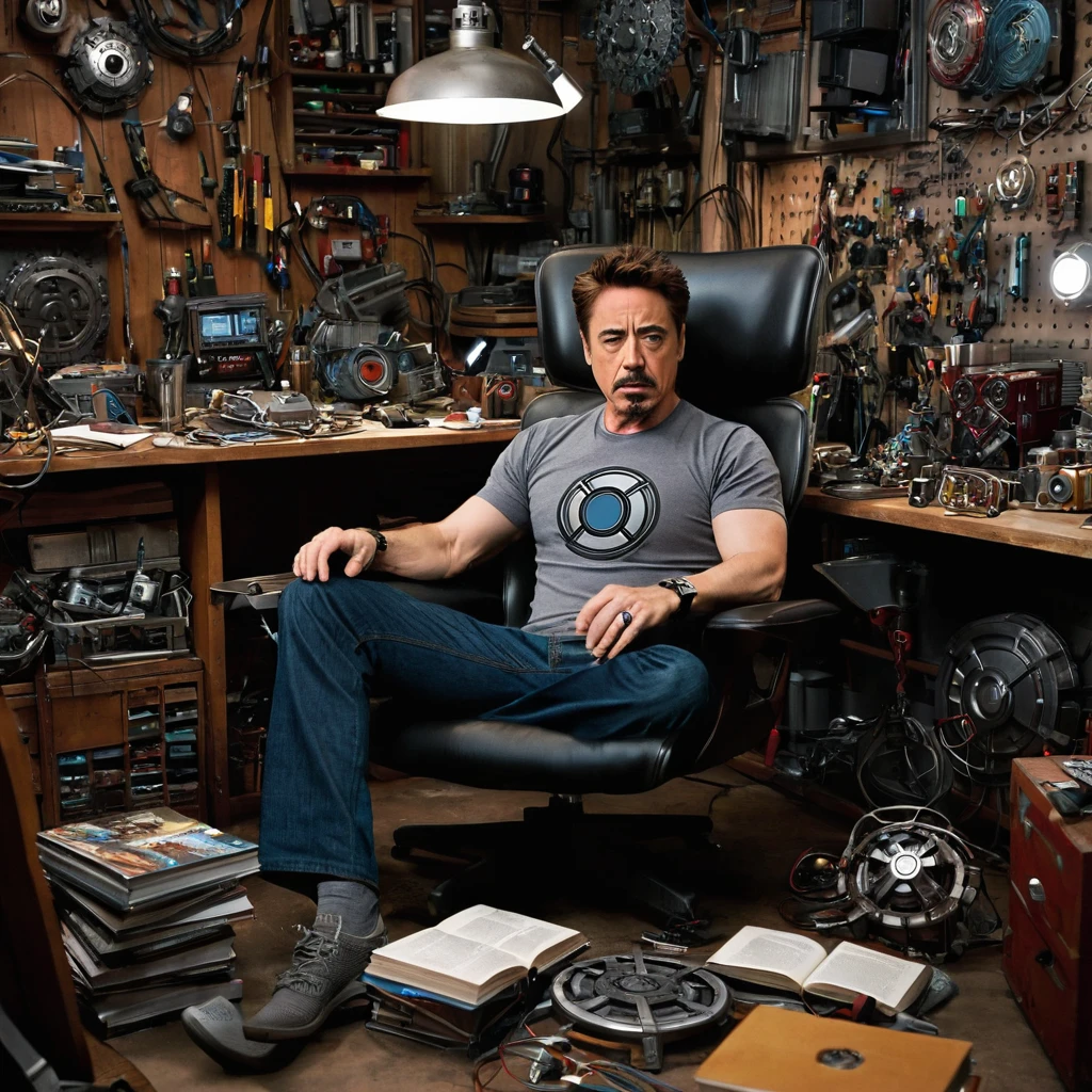 Robert Downey Jr., dressed in Tony Stark's grey half-sleeves t-shirt with arc reactor, sits comfortably in a chair amidst his cluttered workshop. The room is filled with various gadgets, tools, and computers, reminiscent of the setup seen in the Iron Man 1 movie. He holds a book in his hands, intently reading its contents, his facial expression a mix of curiosity and focus. The dim lighting in the room highlights his concentrated gaze, making the scene feel cozy and introspective.
