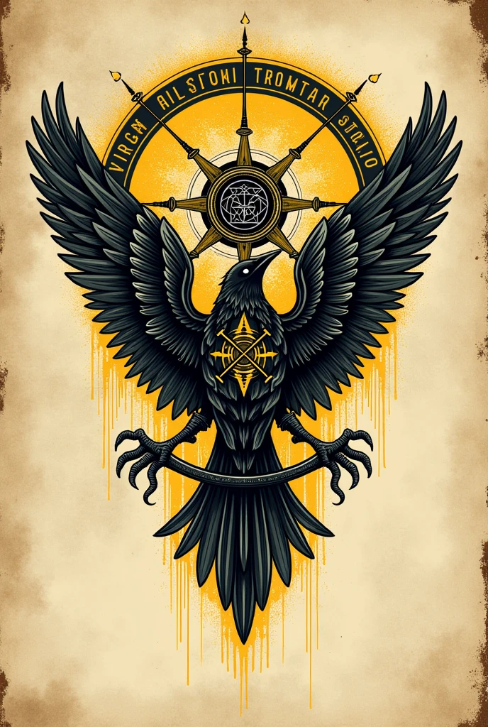 Create a logo for a tattoo studio named "virgo", uses yellow and black colors (predominating black), Use a dark vintage style with a bit of an underground feel.