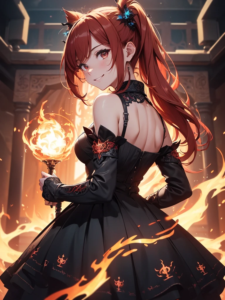 (((best quality, sharp image, clear image, cinematic lighting, 8k resolution, masterpiece, ultra detailed, intricate))) Girl, (((looking over left shoulder))), (shot from behind), ((shot from hip up)), fiery red hair, pigtails, ((intricate black dress)), ((flaming sigils, flaming runes)), spiky rock formations, (flaming lotus flowers frame), (intricate background), ((Phoenix)), (swirling flames), smiling