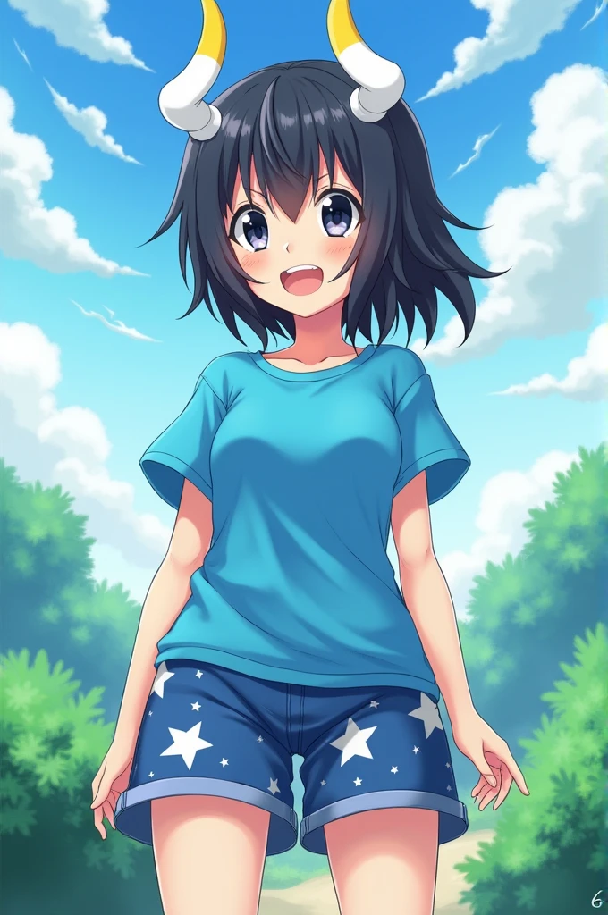 anime character,by rubio,black eyes,blue shirt,blue shorts with white stars,white horns with yellow
