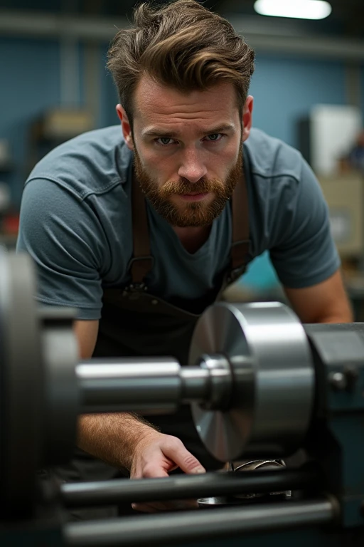 1 young man, about 24 years old, He has a week's worth of beard growth, factory worker, parts manufacturer, using a conventional lathe to turn a shaft.