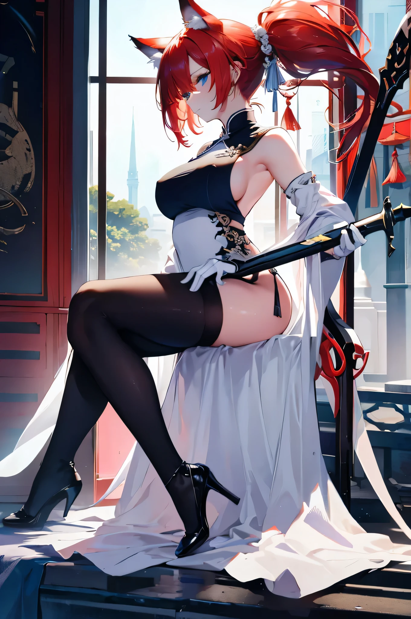 4K,High resolution,One Woman,Red Hair,Long Ponytail,Wolf ears,Blue Eyes,Big Breasts,Swordsman,White Chinese dress,Well good,Sideboob,Black gloves,Black shoes,Jewelry decoration,Long sword,Plains