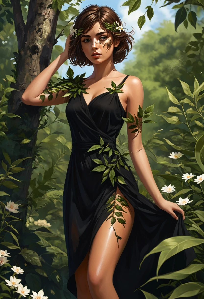 A Goddess of nature that has short and brown hair, has brown eyes, has a gentle face, Tanned, beautiful, wears a below the knee length black dress with leaves and flowers as design, has multiple scars and bruises on her legs and arms, her left eye is BLIND because it's stabbed with a piece of wood, she can make any plant or tree in seconds, she can also control the wind, she is mad at people who destroy the nature, she can't see on her left eye.