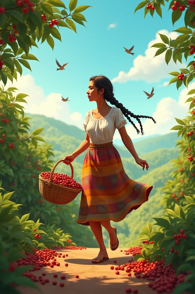 Peasant woman collects coffee with her animated basket