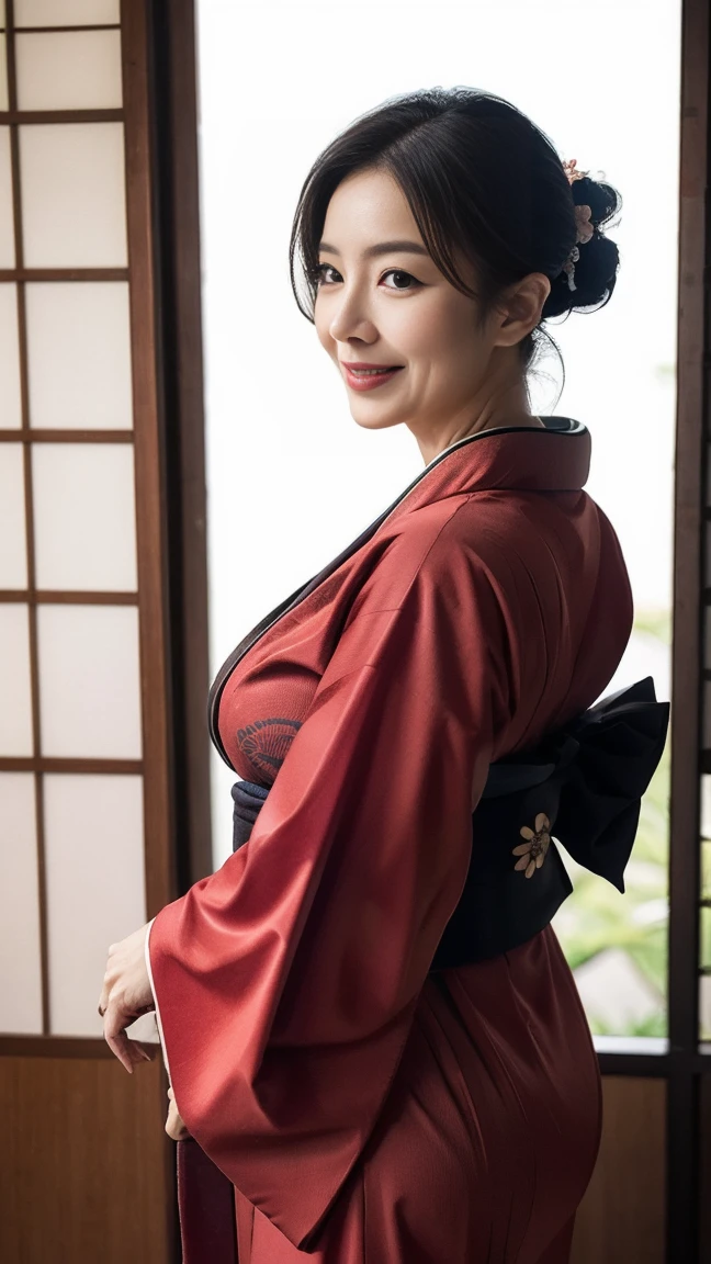 Mature attractive sexy woman,50 years old, ((kimono)),((vermilion))、(((kimono))),((Big Breasts:1.1)),(Facial wrinkles:0.9),light makeup,Light brown hair,Long Hair,(Full body photo:0.85),(Emphasize big buttocks),8k, RAW Photos, Highest quality, Laughter,cleavage,masterpiece,Highest quality、A kind smile、A captivating gaze、Random Hairstyles、Japanese-style room、Shoji Screen、lanthanum、Looking ahead