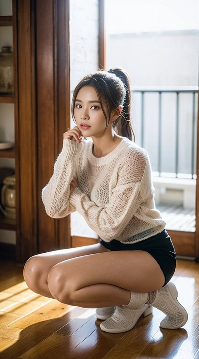 Dark brown hair、Light brown eyes、Japanese actress、Lady、I am about 40 years old...、(Intricate details:1.2)、 (Ultra-high resolution:1.2)、Ultra-high resolution、(Finely tuned)、(Detailed facial features)、Hmph、8K resolution、D cup size breasts、Long Hair、Bright terrace room with sunlight streaming in、Large windows、Extravagant space、relax、、,Full body photo、Head to toe shot、Beautiful feet、A loose openwork sweater、V-neck sweater、Underwear shorts、Beautiful feet、Bright terrace room with sunlight streaming in、she, household items,   (plant:0.8), Fashion Hub, Attention to detail, Very detailed, Realistic, Hourglass Shaped Body, Obscene pose,、Messy Hair、Messy ponytail、Leaning against a wall、I cry a lot、tears、Skin is visible through the knit、White floor、White wall、