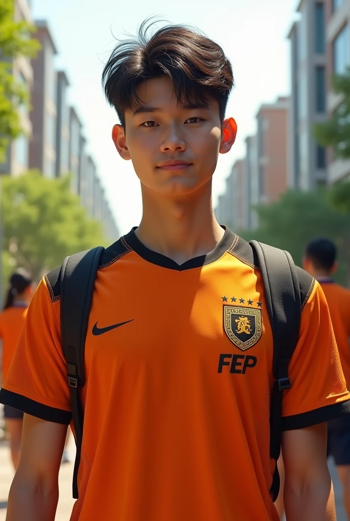 Orange jersey with black details and the initials FEP (Faculty of Economics and Planning) on the chest with a logo