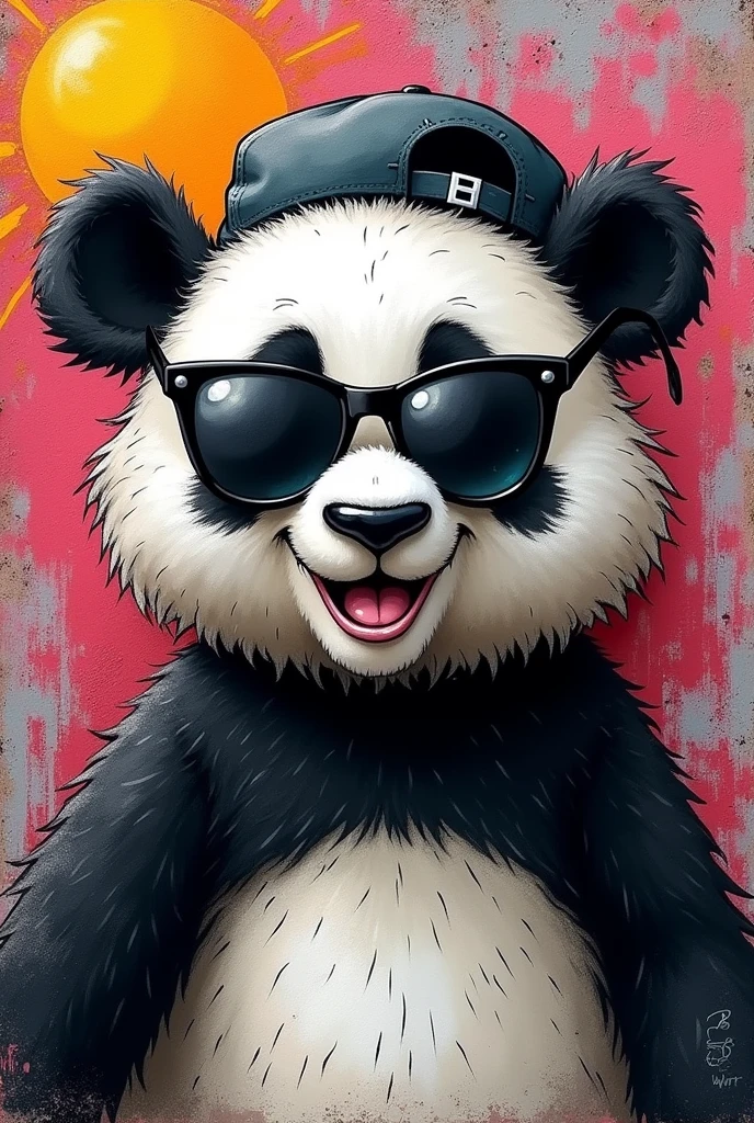 Please generate for me a head of a panda bear looking straight ahead with black sunglasses and a backwards cap, smiling. only with colors: negro, White and grey.
Graffiti caricature style 2D