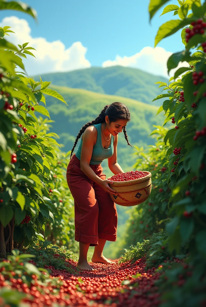 Peasant woman collects coffee with her animated basket