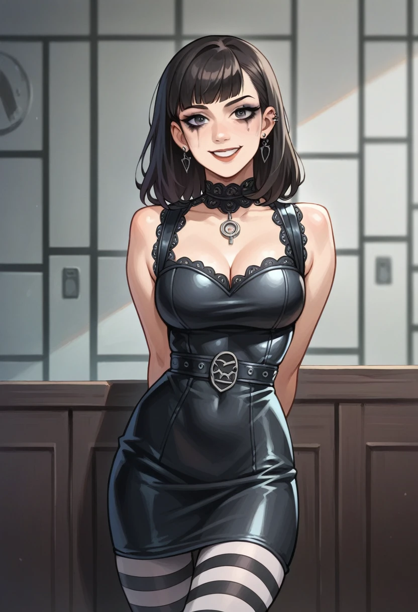 (Masterpiece artwork, best qualityer: 1.2), 2d style, cartoon, tiro de cowboy, solo, 1girl, mavis dracula, smile, gazing at viewer, arms behind back, black gown, striped thighs,(best quality cartoon,(1woman:1.1),(dark haired,pose sexy,fully body,smiling),(tight short dress),(toned body,thick-thighs,breasts small, pointy breast, goth makeup, white curl, piercing, on eyebrow),