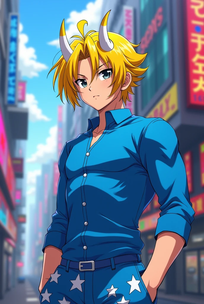 anime character,yellow hair, masculine, black eyes,blue shirt,blue shorts with white stars,white horns with yellow