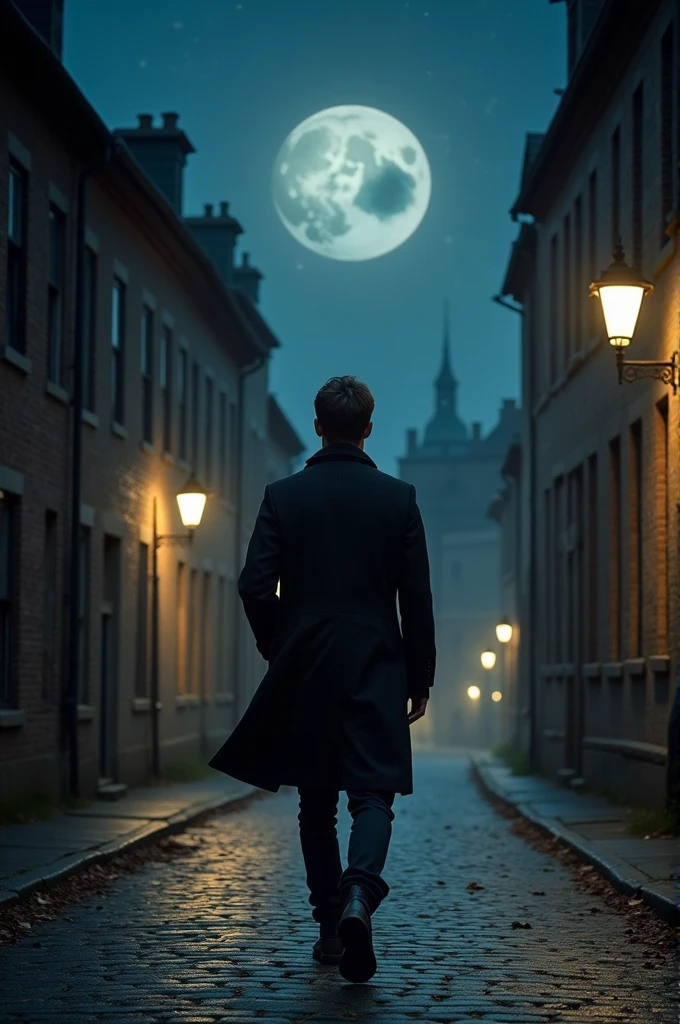 A young man walks alone in the silence of the night