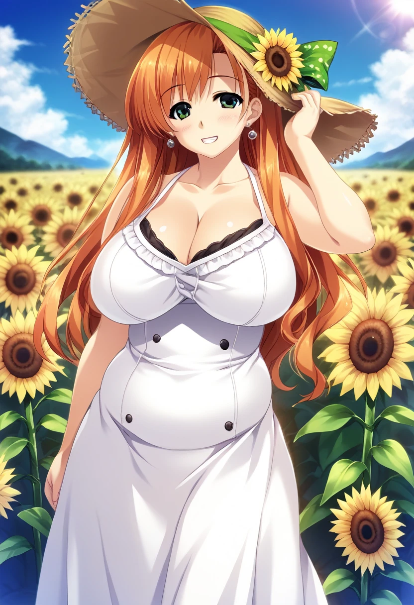 score_9, score_8_up, score_7_up, source_anime, best quality, masterpiece, hi res, game cg, very aesthetic, absurdres, rating_questionable, uncensored, shintaro_v2, 1girl, solo, hair ornamnet, long hair, orange hair, hat, solo, flower, dress, sunflower, outdoors, white dress, smile, long hair, looking at viewer, sky, bangs, breasts, closed mouth, smile, cloud, earrings, sundress, day, sun hat, blush, teeth, cleavage, :d, collarbone, jewelry, blue sky, straw hat, sleeveless dress, ribbon, summer, sleeveless, hand on headwear, mature female, MILF, 30yo, bare shoulders, bow, huge breasts, sagging breast, perfect female body, narrow waist, chubby, plump, BBW, field, sunflower field, yellow flower, hat ribbon, frilled dress, frills, standing, blurry, hat bow