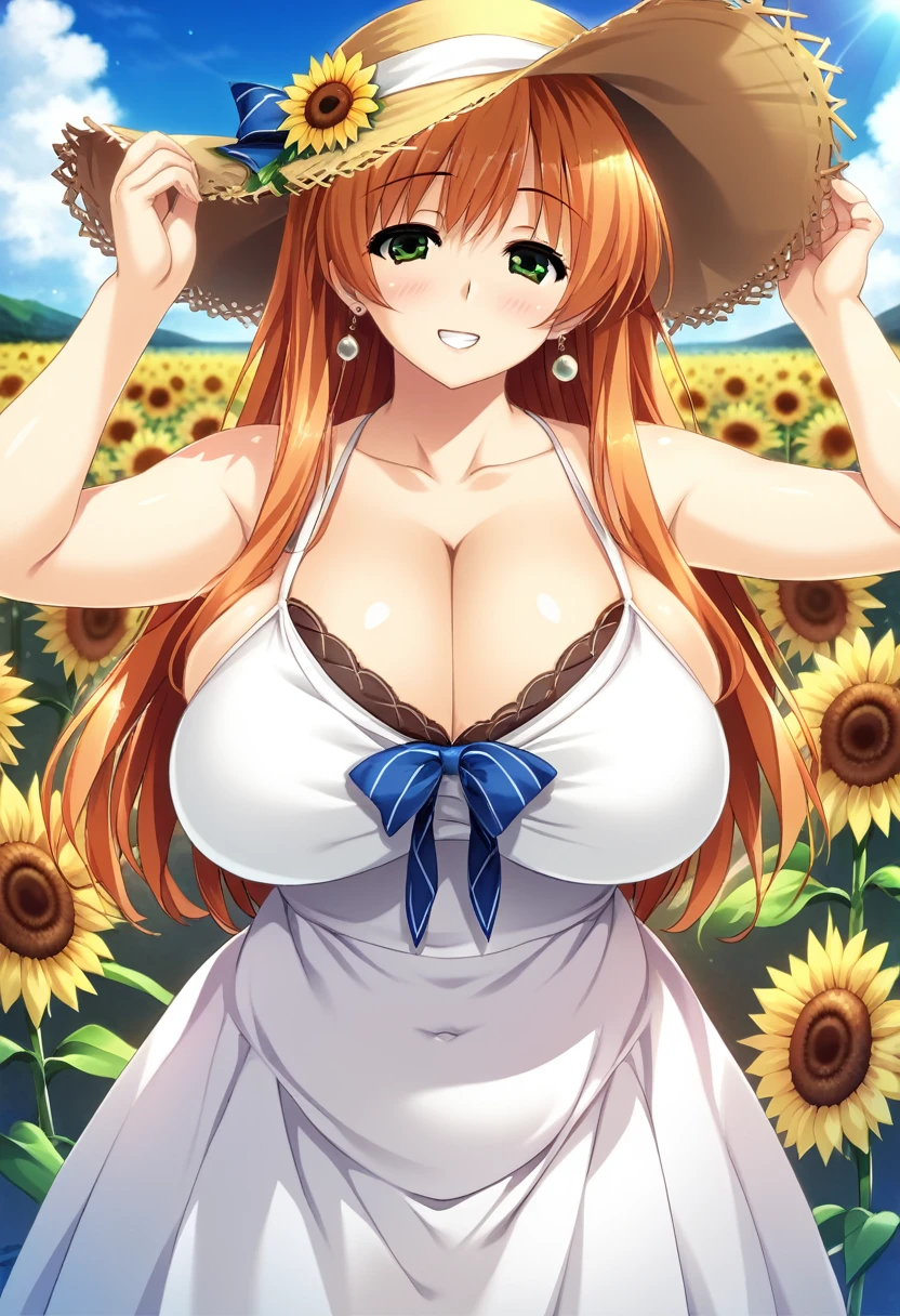 score_9, score_8_up, score_7_up, source_anime, best quality, masterpiece, hi res, game cg, very aesthetic, absurdres, rating_questionable, uncensored, shintaro_v2, 1girl, solo, hair ornamnet, long hair, orange hair, hat, solo, flower, dress, sunflower, outdoors, white dress, smile, long hair, looking at viewer, sky, bangs, breasts, closed mouth, smile, cloud, earrings, sundress, day, sun hat, blush, teeth, cleavage, :d, collarbone, jewelry, blue sky, straw hat, sleeveless dress, ribbon, summer, sleeveless, hand on headwear, mature female, MILF, 30yo, bare shoulders, bow, huge breasts, sagging breast, perfect female body, narrow waist, chubby, plump, BBW, field, sunflower field, yellow flower, hat ribbon, frilled dress, frills, standing, blurry, hat bow