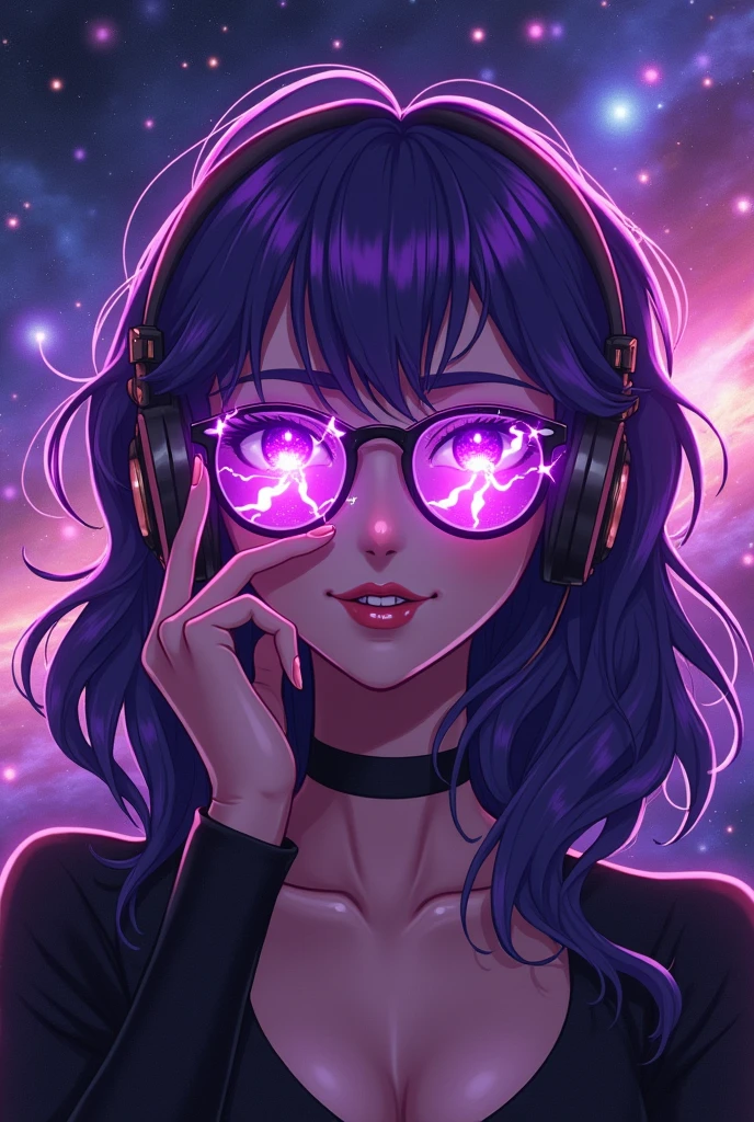 A woman with purple shiny wavy hair in the middle of the universe. The woman holds glasses slightly below her eyes. The lenses of the glasses shine with a purple glow, and the light takes the shape of lightning. The woman's eyes are completely purple and glowing. The woman has a confident expression and a mocking smile. The woman listens to music with her headphones. Predominantly shades of purple and black. Make it in anime style.