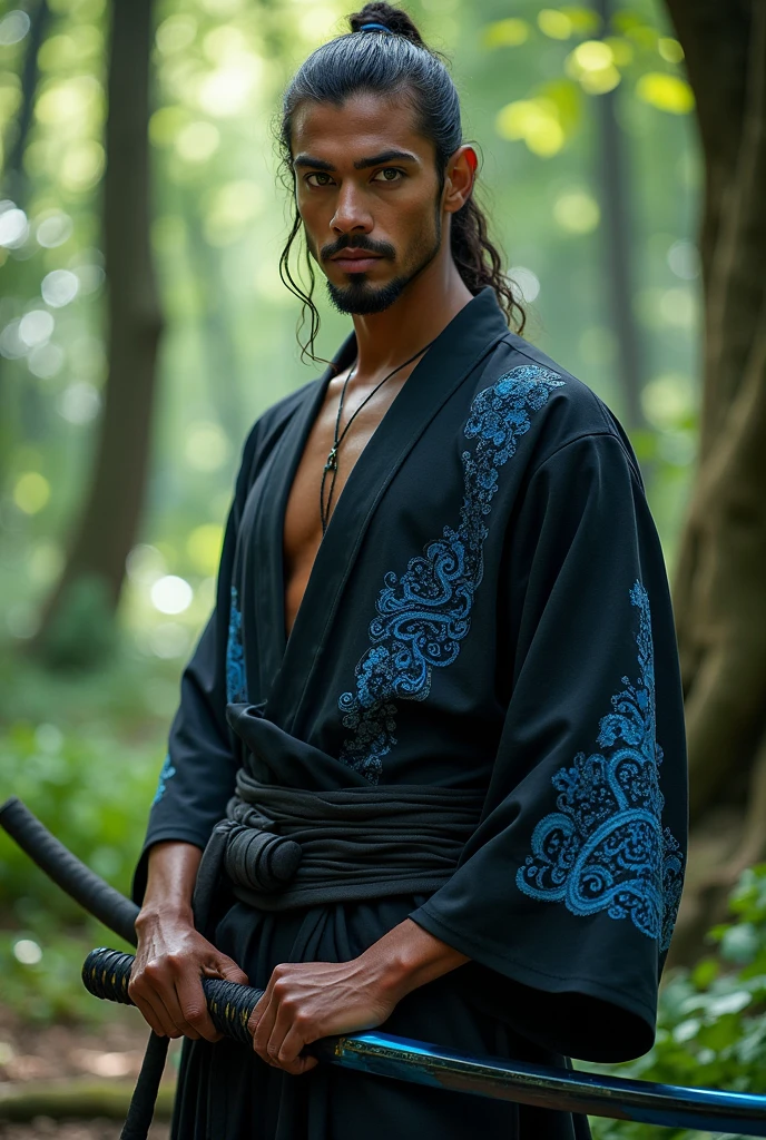 Elf Man ,BROWN SKIN, with green eyes, with the body well detailed,He wears a black kimono with blue details ,and a black katana with blue shine and fire emerging from the katana
