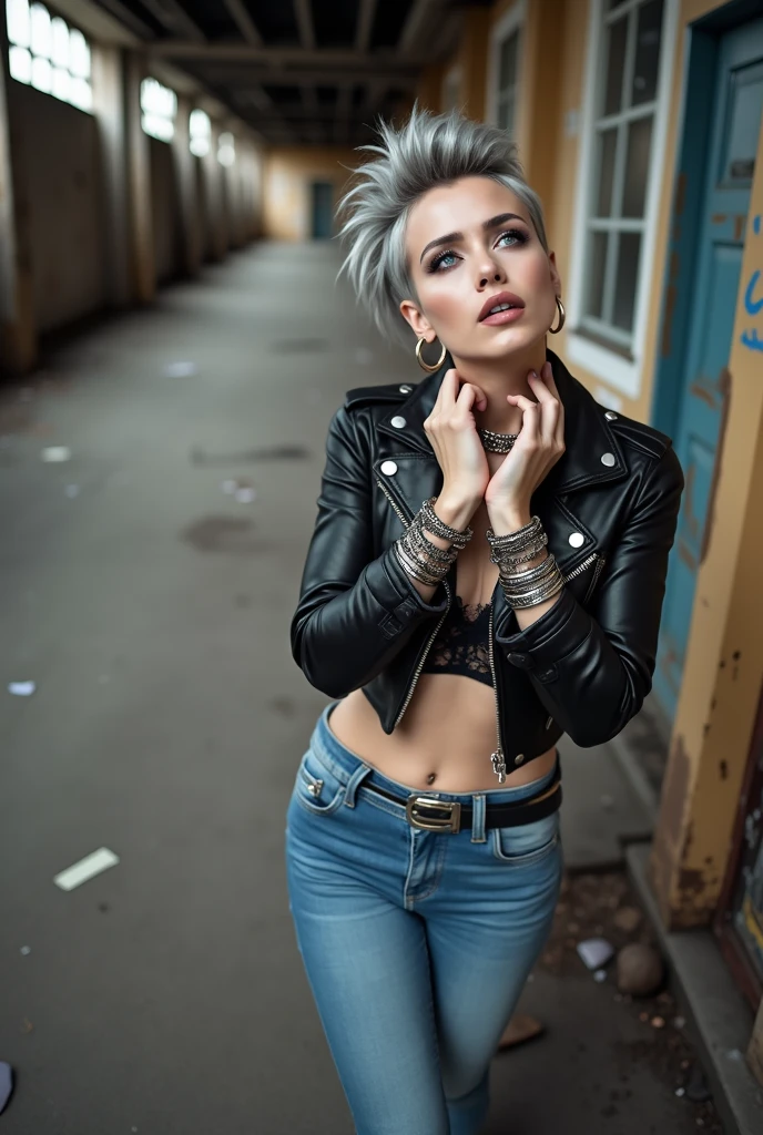 russian milf woman, biker gang member, grey hair with quiff, with very light blue eyes, extremely pale, heavy eye shadows. Thin. Sad face, smeared excessive make up and smeared lipstick Wearing black moto jacket, black lace bra, skinny blue jeans and chelsea pointy boots. Lots of metallic bracelets. Tacky leather belt with oversized, excessive silver buckle. Both hands touch her neck.  Lots of rings. Wide loop earrings. Looks up like talking to God, mouth and eyes open. 
